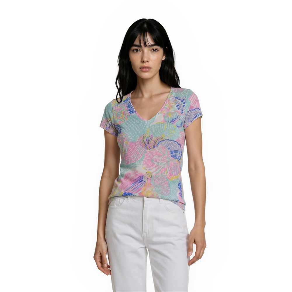 Lilly Pulitzer Blouse Top Women's Size XS Multi Shell Coral V-Neck Tee